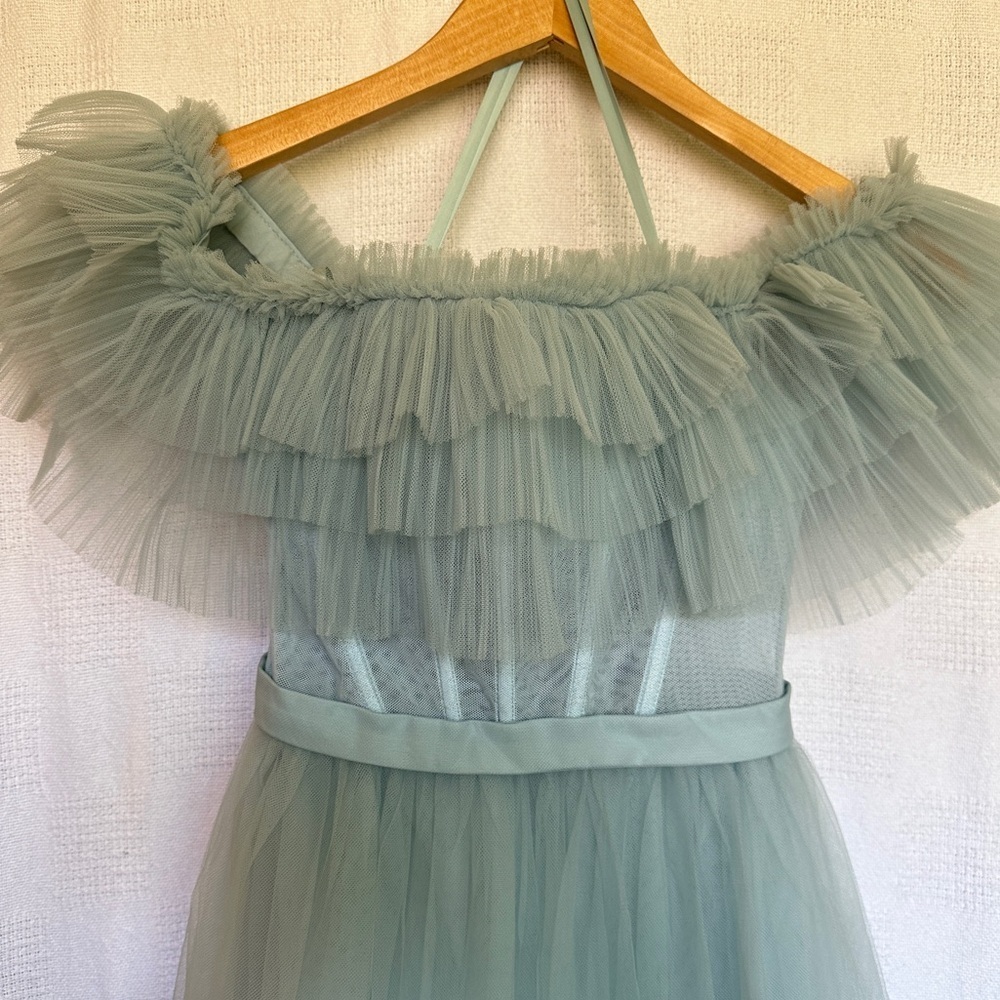 NWT BCBGMaxAzria Blue Ruffled Tiered Tool Gown - Picture 3 of 13